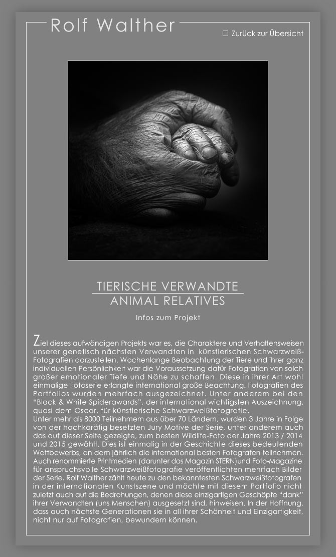 Klassiker der Schwarzweißfotografie, Serie "Tierische Verwandte, Fotograf: Rolf Walther
